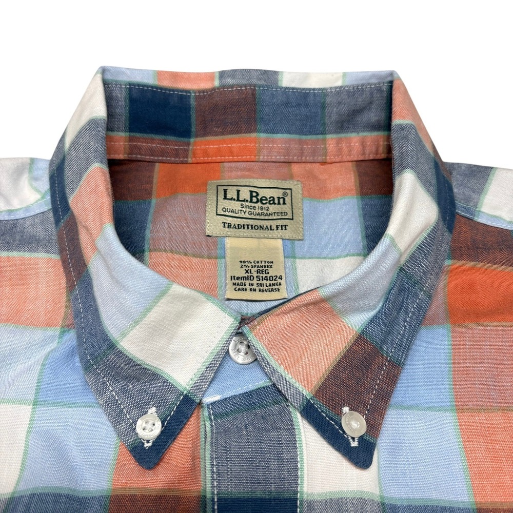 LL Bean Mens XL Traditional Fit Plaid Short Sleeve Button Down Shirt Orange Blue - Picture 1 of 13